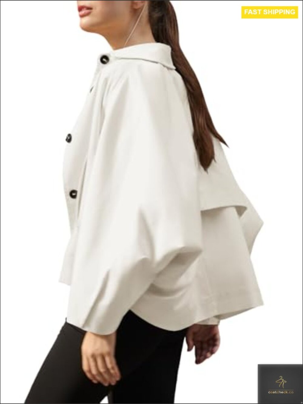 Cropped Trench Coat Lightweight Batwing Sleeve Oversized Chic Casual Outerwear - Picture 5 of 7